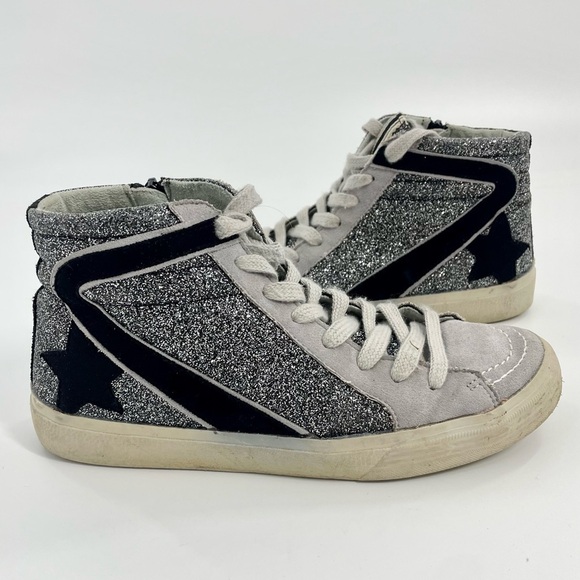 Shu Shop Roxanne Black Silver shiny Mid High Top Sneaker Tennis Shoe Women's 7 - Picture 2 of 10
